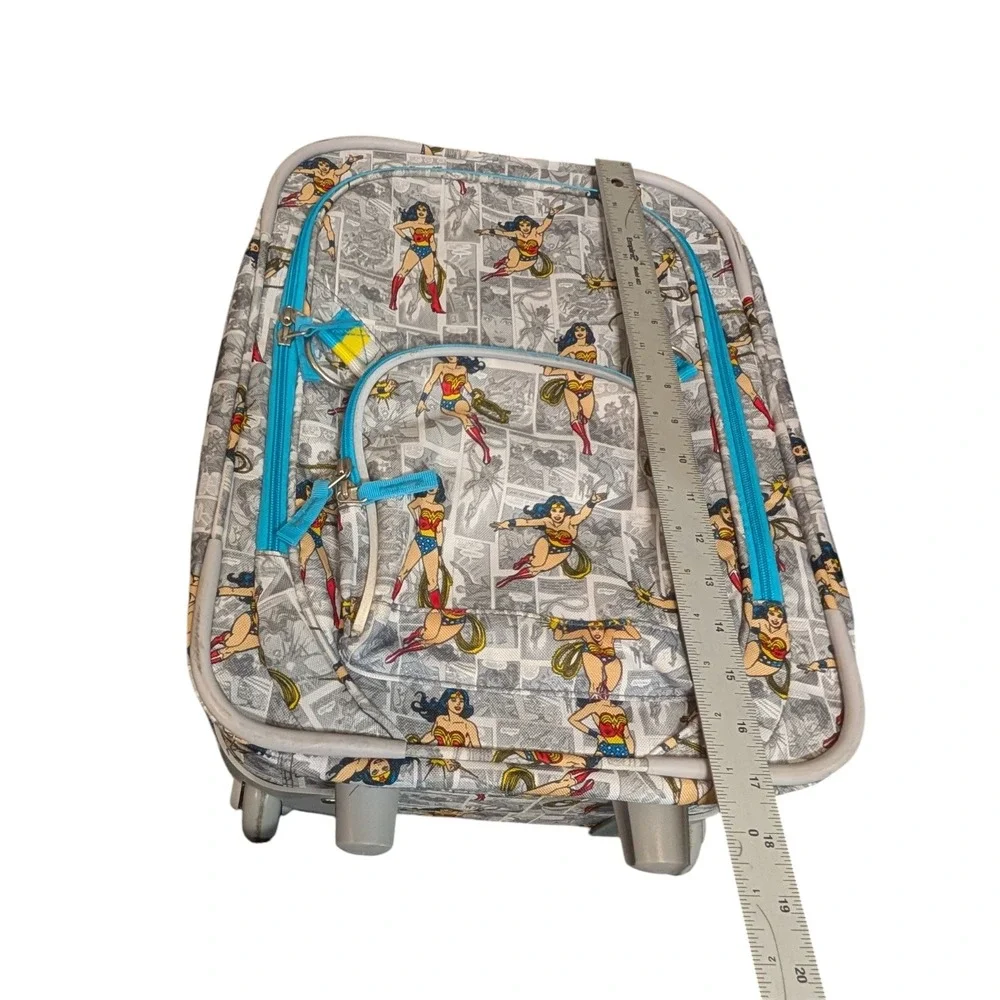 Pottery Barn Kids Wonder Woman Rolling Suitcase Comic Print Luggage Grey Blue